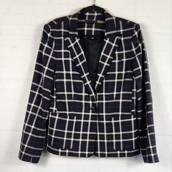Alice + Olivia Savetta Plaid Windowpane Lamb Leather Elbows Blazer Navy Large - Picture 3 of 16